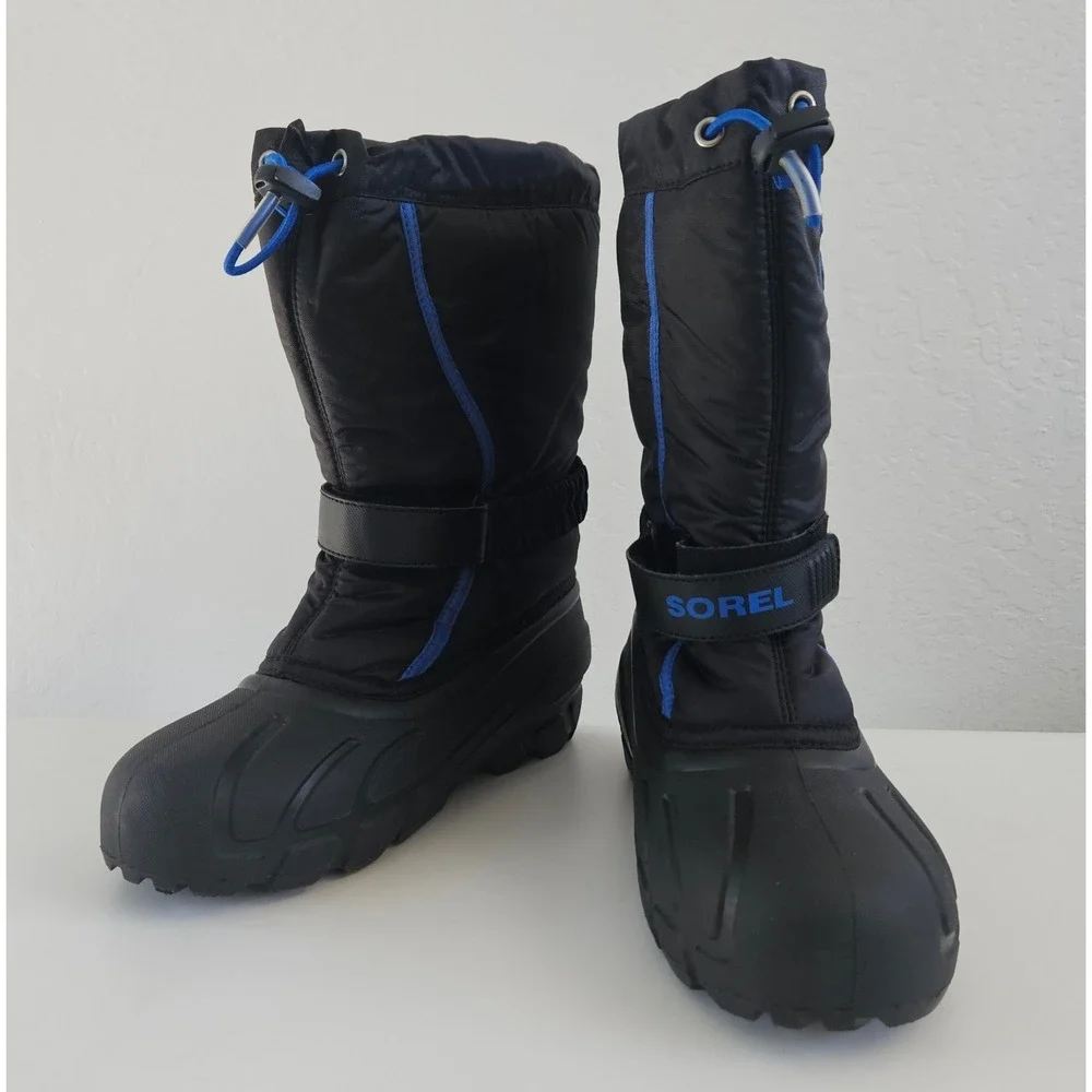 Sorel Flurry Snow Boots Youth 6 Black Blue Waterproof Warm Lining NY1810-010